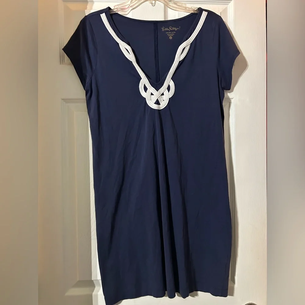 Lilly Pulitzer Navy Rope-Trim V-Neck Nightgown Dress VGUC Nautical Large - Picture 1 of 3